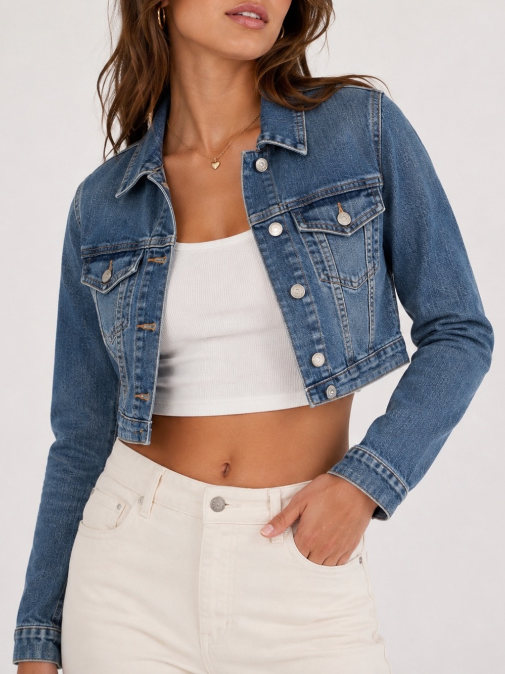 Hav Money USA Women’s Medium Cropped Blue Denim Jean Jacket Stretch Y2K